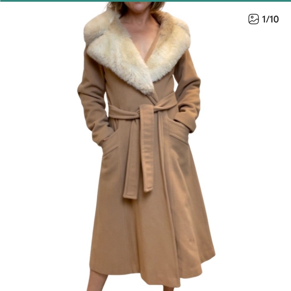 Vintage Full Length Wool Coat with Faux Fur Lapel